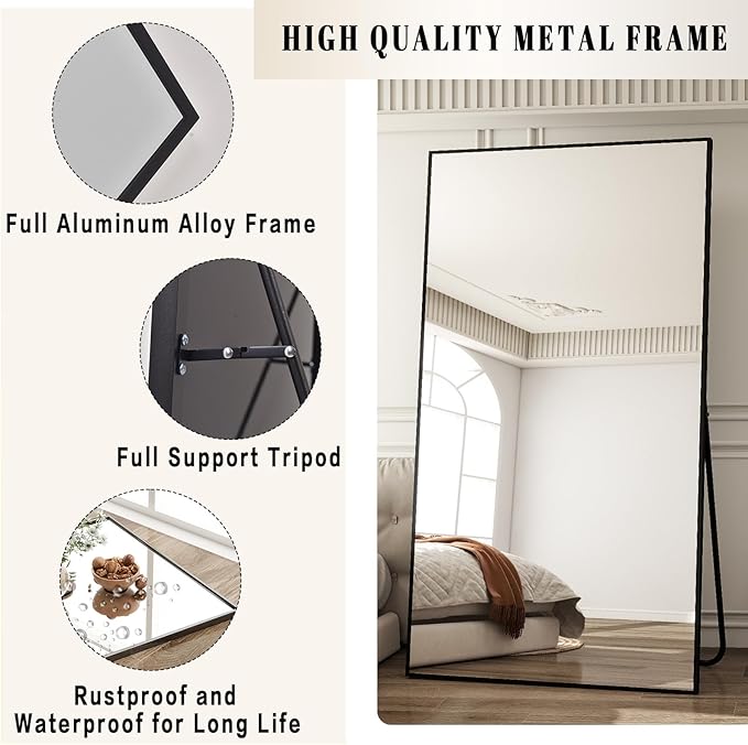 BEAUTYPEAK 76"x34" Rectangle Full Body Floor Mirrors, Full Length Mirror Hanging or Leaning, Aluminum Alloy Frame Wall Mirror for Bedroom, Dressing Room, Black