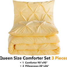 Andency Yellow Pinch Pleat Comforter Queen(90x90Inch), 3 Pieces(1 Pintuck Comforter and 2 Pillowcases) Pintuck Comforter Set, Microfiber All Season Down Alternative Bedding Set