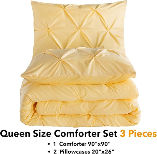 Andency Yellow Pinch Pleat Comforter Queen(90x90Inch), 3 Pieces(1 Pintuck Comforter and 2 Pillowcases) Pintuck Comforter Set, Microfiber All Season Down Alternative Bedding Set