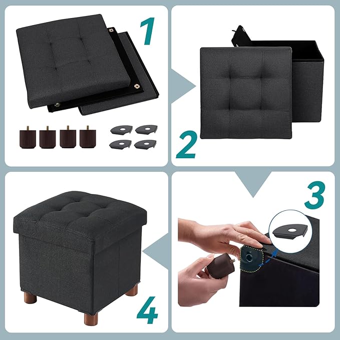 BRIAN & DANY Small Ottoman with Storage, Small Storage Ottoman, Folding Foot Stool with Wood Legs for Living Room and Bedroom Linen Rest Seat, 12.6"x12.6"x12.8" - Black