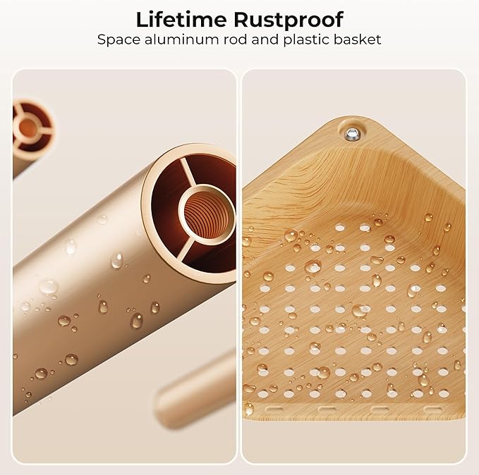 Orimade Rustproof 4 Tier Floor Standing Corner Shower Caddy Organizer, Plastic Aluminum Splicing Floor Corner Shelf Rack Storage Stands for Bathroom, Wood Grain Surface