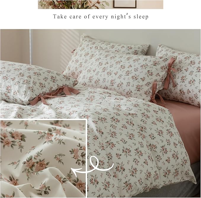 mixinni Vintage Style Girls Pale Pink Flower Pattern Duvet Cover Twin Soft Aesthetic Floral Cotton Bedding Set 1 Duvet Cover with 2 Bow Tie Pillowcases for Women-Twin Size