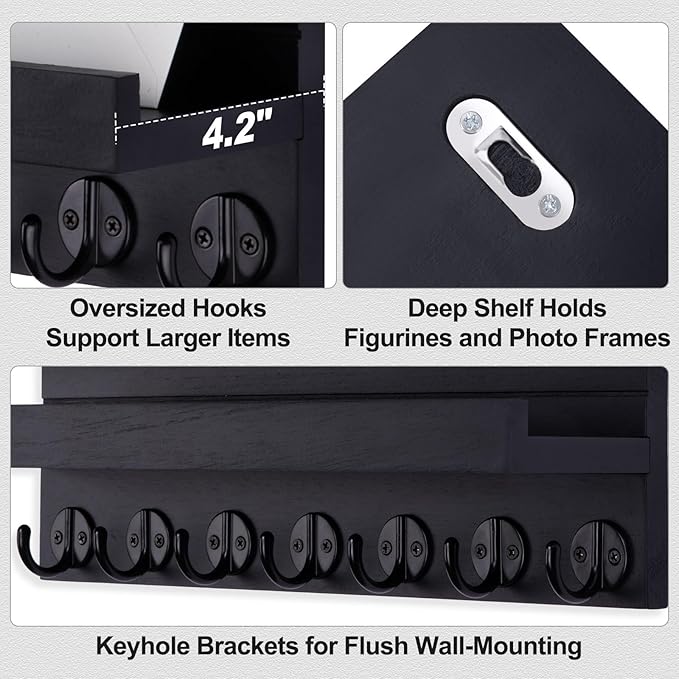 Key Holder Wall Mount, Entryway Key and Mail Holder with 7 Sturdy Hooks for Sunglasses, Dog Leash, Decorative Wall Shelf with Mounting Hardware, 15”W x 6.7”H x 4.2”D