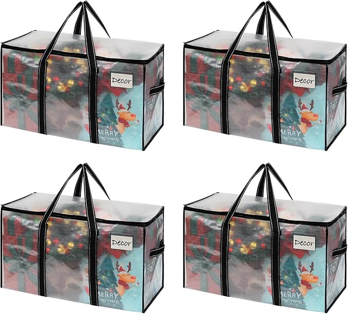 VENO 4 Pack Moving Bags & Large Christmas Storage Bins with lids for Decorations, Garland, Lights. Moving Boxes Packing Supplies for College Dorm. Extra Large Heavy Duty Totes (Clear-4 Pack)