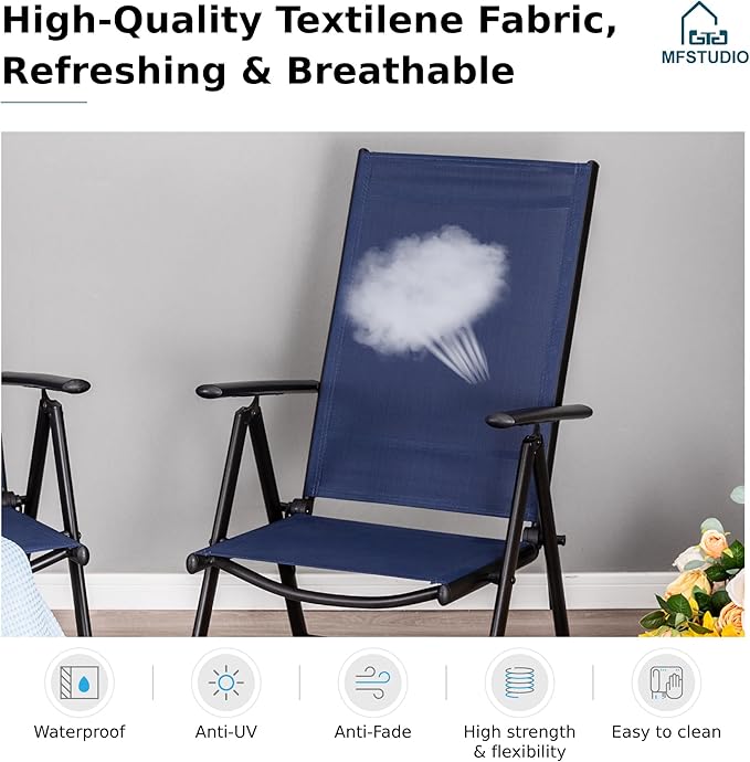 MFSTUDIO Patio Folding Chairs Set of 8, Outdoor Patio Dining Chairs, Portable Blue Sling Patio Chairs, 7 Levels Adjustable Sling Back Chairs for Backyard Lawn Garden