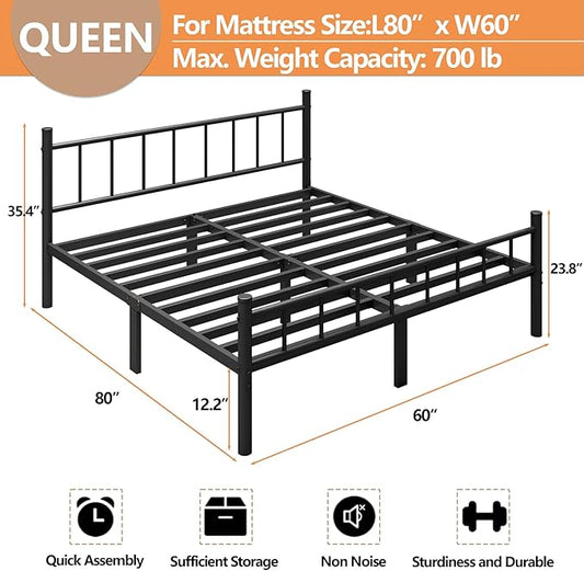 zizin Queen Size Metal Bed Frame with Headboard & Footboard 14 Inch Metal Platform Mattress Foundation Support with Steel Slat, Under Bed Storage, No Box Spring Needed