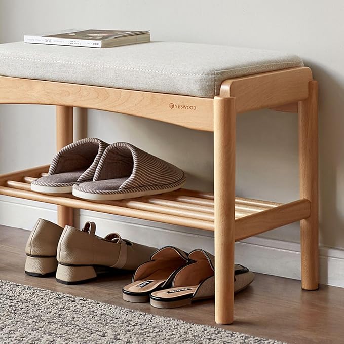 Solid Wood Shoe Bench Assembled, Shoe Rack Bench with Cushion for Entryway, Living Room, Bedroom, Hallway, 11.8" x 23.6" x 16.5", Natural