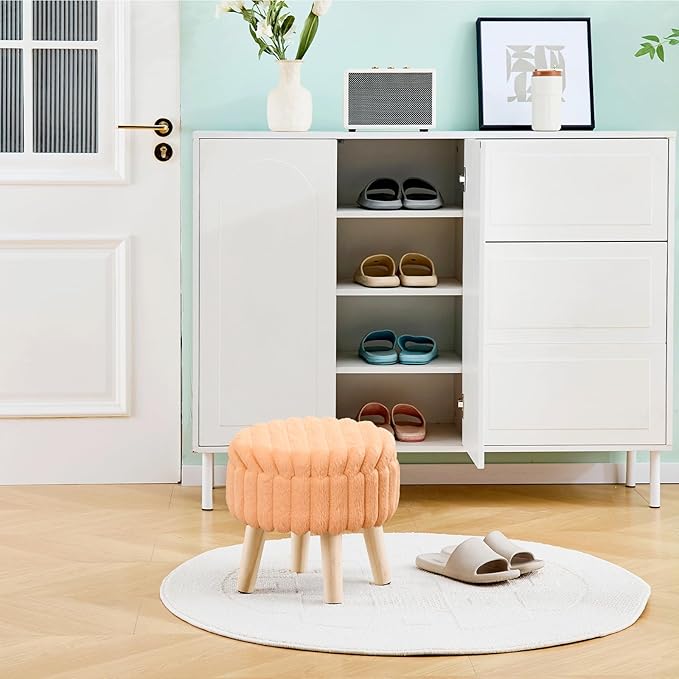 Wimarsbon Storage Ottoman,Soft Faux Fur Footstool with Padded Seat, Small Reading Vanity Chair, Footrest with Wood Tray for Couch, Mini Coffee Table or Display Stand (Orange, Round Storage)