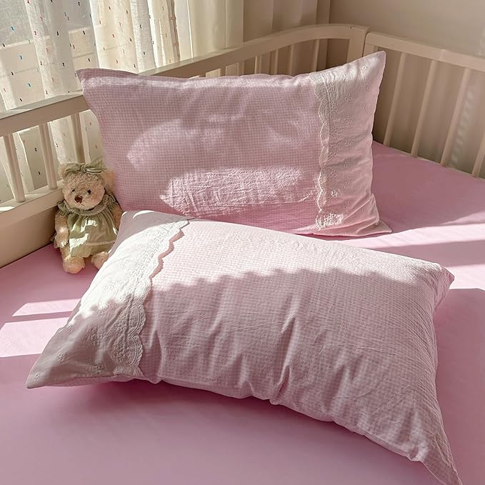 mixinni Pink Gingham Duvet Cover Twin Size - 3 Piece Cottagecore Plaid Bedding Set with Lace Trim, Soft Washed Microfiber Vintage Aesthetic Grid Comforter Cover & Pillow Shams, (Pink White Gingham)