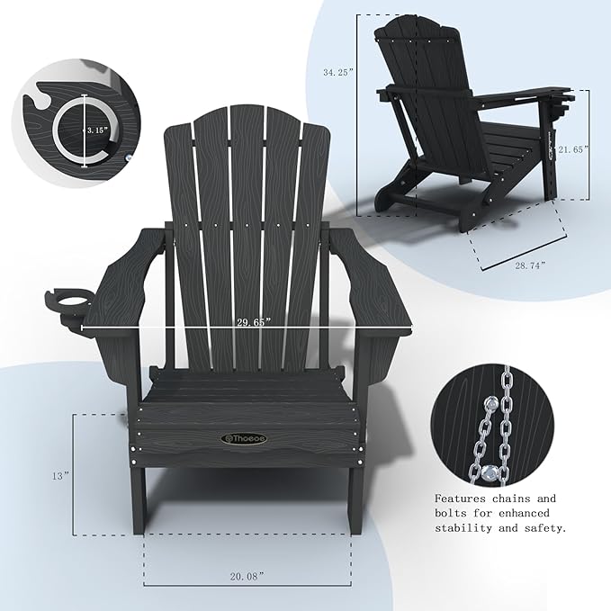 Adirondack Chair Set of 4, Folding All-Weather Outdoor HDPE Patio Chair with Cup Holder, Grey