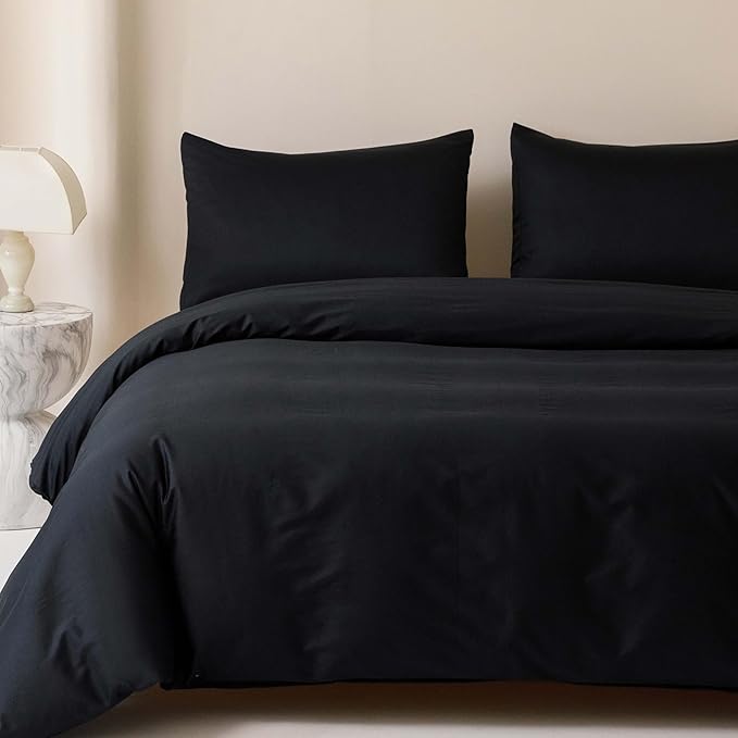 HeimenAogo Egyptian Cotton Duvet Cover California King Size Sateen Weave, Silky Soft and Breathable Bedding Set with Zipper Closure, Long Staple Cotton Bed Linen Pure Black 3Pcs (104"×98")