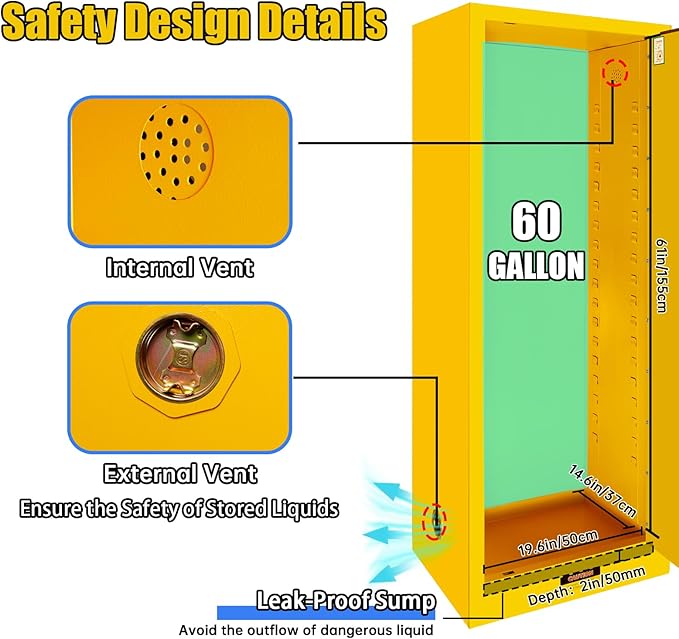 60 Gallons Fire Safety Storage Cabinet, 18.11" D x 23.22" W x 64.96" H Large Metal Cabinet with Adjustable Shelf, Flammable Liquid Storage Cabinet for Commercial Industrial Home