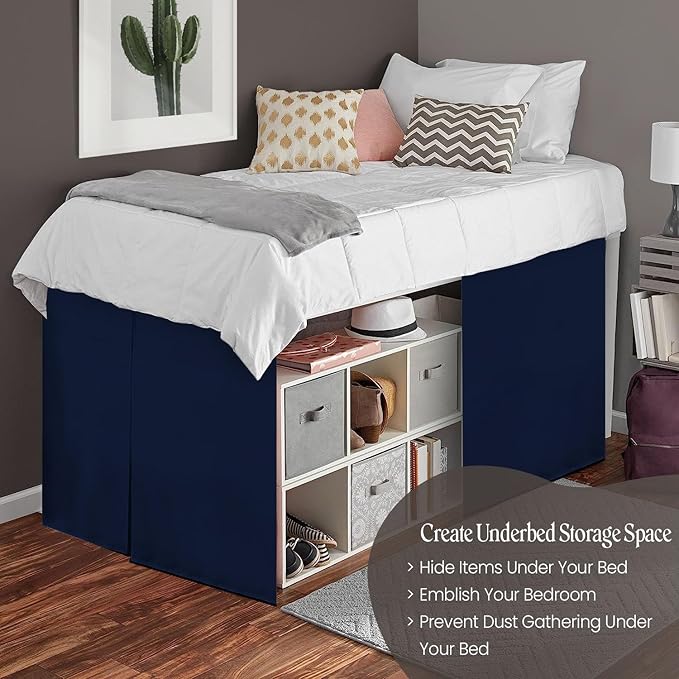 600TC -Dorm Bed Skirt - Split Corner Tailored Dorm Sized Bed Skirt - Dorm Room Essentials - Dorm Bed Skirt 100% Egyptian Cotton - Dorm Décor Bed Skirt Twin XL - 54" Drop (Navy Blue, Solid)