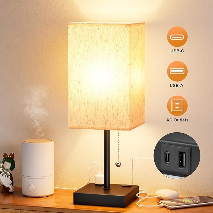 aooshine Medium Table Lamp with USB Ports - 3 Color Temperature Bedside Lamp for Bedroom, Pull Chain Control, USB A and C Ports, 2 AC Outlets, Bulb Included