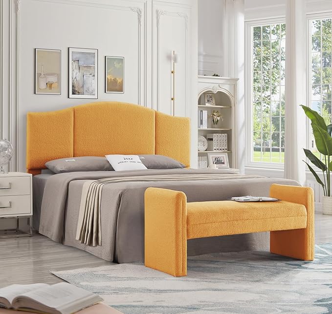 24KF Modern Upholstered Bed Bench Covered with Soft Boucle Teddy Fabric, Lovely Entryway Bench Ottoman with Armrest,5062-Yellow