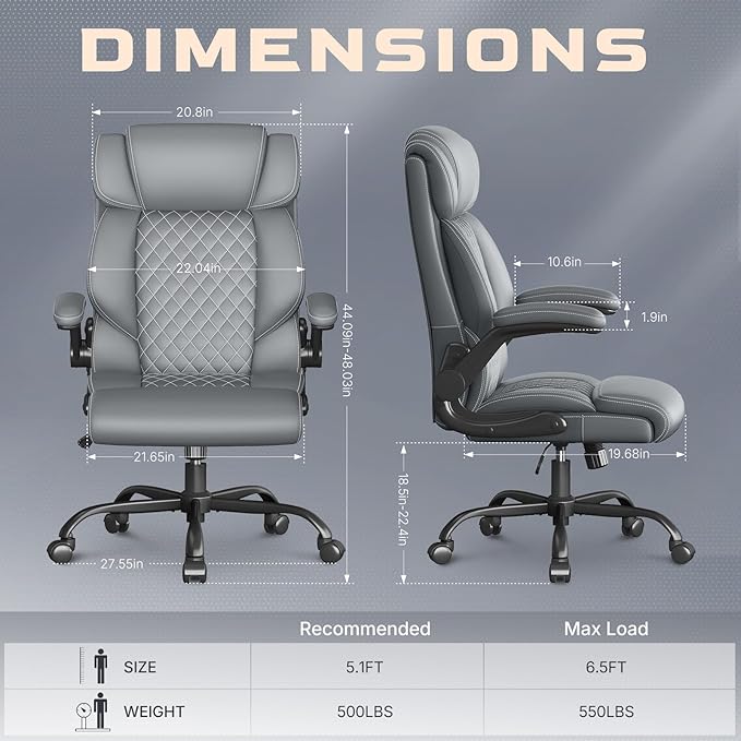 Office Chair, Ergonomic Big and Tall Executive Desk Chair, Breathable Leather Chair with Adjustable Flip-up Armrests, Lumbar Support Swivel Computer Chair with Rocking Function (Gray)