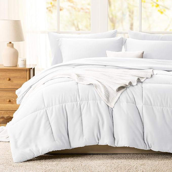CozyLux Queen Comforter Set White - 7 Pieces Bed in a Bag Queen, All Season Breathable Bedding Sets, Oeko-Tex Certified Bed Set with Down Alternative Comforter, Sheets, Pillowcases & Pillow Shams