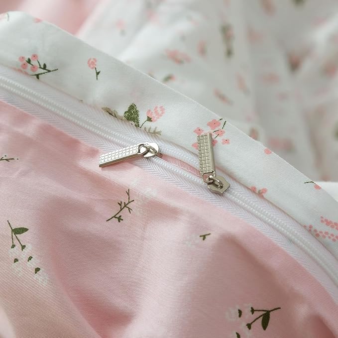 mixinni Small Floral Print Duvet Cover Full Flower Duvet Cover Set Soft Cotton Pink Reversible White Bedding Comforter Cover Zipper Closure 4 Corner Ties for Girls-Full Size