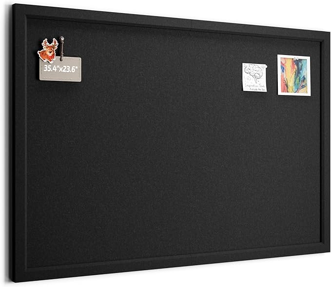 Foldable Cork Board Alternative, Felt Bulletin Board 36" x 24" Black Frame with 24 Adhesive Tabs, Pin Board for Home Office, Classroom, Entryway, Kitchen Wall Decor—Black