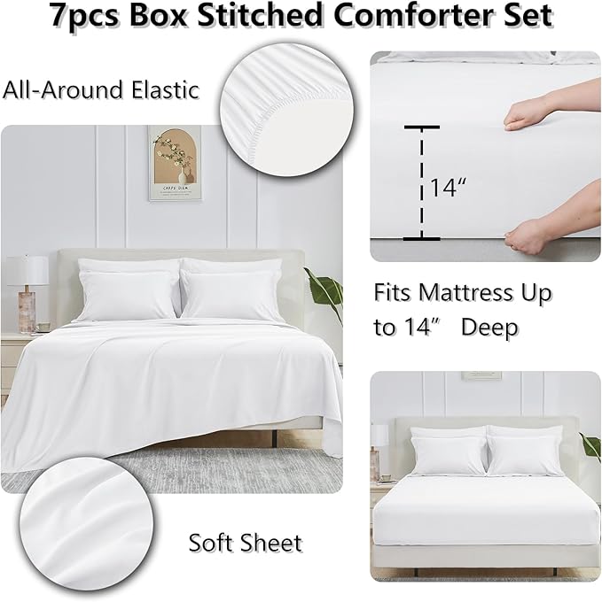 CozyLux King Size Comforter Set White - 7 Pieces Bed in a Bag King, Okeo-Tex Certifited Bedding Set, All Season Soft Bed Set with Down Alternative Comforter, Sheets, Pillowcases & Pillow Shams
