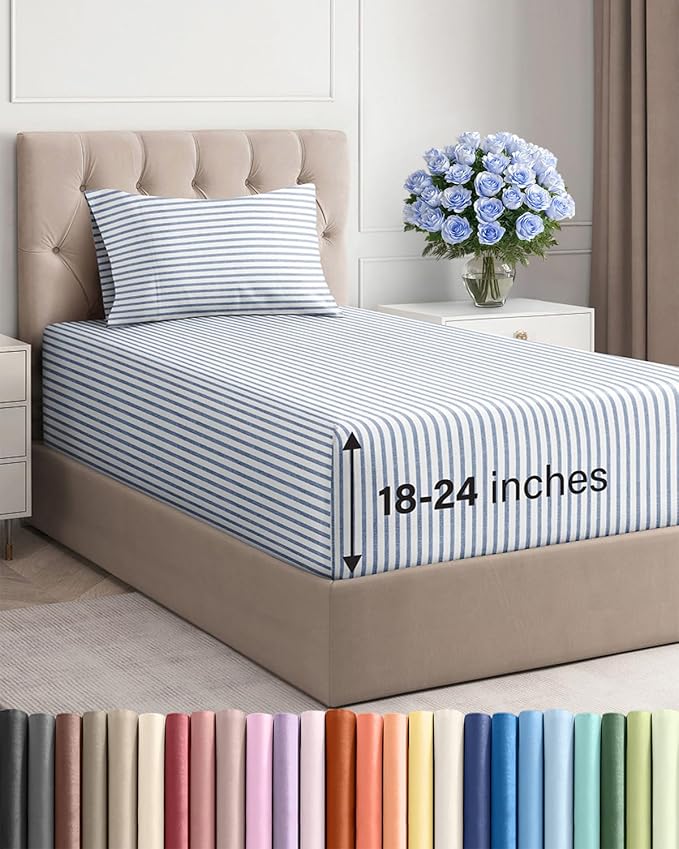 Extra Deep Pocket Twin XL Sheets - 3 Piece Breathable & Cooling Bed Sheets - Hotel Luxury Bed Sheet Set - Soft, Wrinkle Free & Comfy - Easily Fits Extra Deep Mattresses - Blue Striped Sheets Set