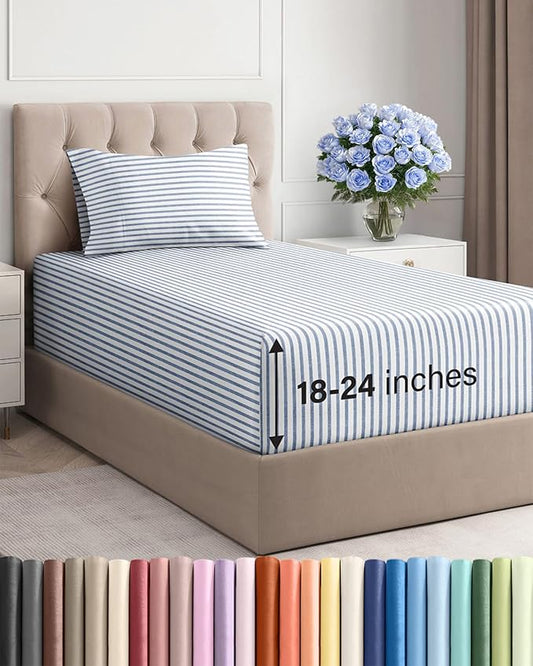 Extra Deep Pocket Twin XL Sheets - 3 Piece Breathable & Cooling Bed Sheets - Hotel Luxury Bed Sheet Set - Soft, Wrinkle Free & Comfy - Easily Fits Extra Deep Mattresses - Blue Striped Sheets Set