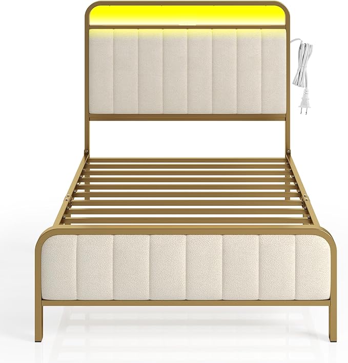 Rolanstar Twin Size Bed Frame with LED Light and Charging Station, Upholstered Headboard and Footboard, Metal Slat, Noise Free, Easy Assembly, Golden and Beige