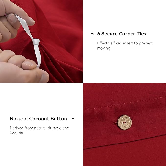 JELLYMONI Cotton Duvet Cover Queen Size - Crimson Red Comforter Cover with Button 100% Washed Cotton 3PCS Breathable Soft Solid Bedding Set Duvet Cover 90×90in & 2 Pillowcases (NO Comforter)
