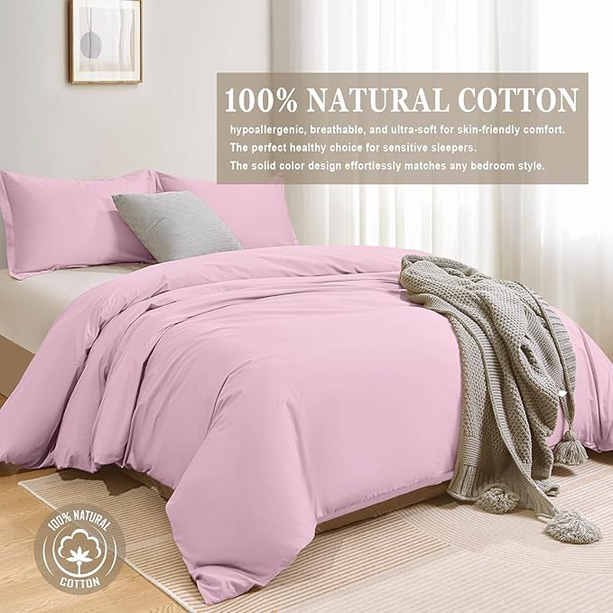 100-Percent Cotton Duvet Cover Set, Hidden Zipper Closure, Ultra Soft, Easy Care and Durable, Simple Bedding Style, King, Pastel Pink (Comforter Not Included)