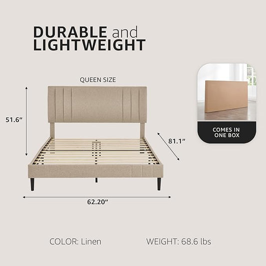 Decoro Chicago Modern Tufted Upholstered Platform Queen Size Bed, Linen