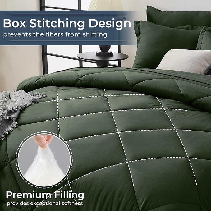 HEVUMYI Army Green California King Comforter Set - 7-Piece All Season Bed in a Bag Cal King, Ultra Soft Bedding Set with Comforter, Flat Sheet, Fitted Sheet, Pillowcases, Pillow Shams
