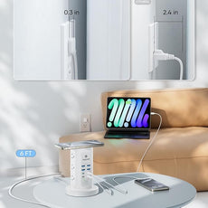 115W USB Charging Station, Surge Protector Power Strip Tower, 9 AC Outlets with 8 USB Ports(4 USB-C), 6Ft Flat Plug Retractable Extension Cord, for Home Office Dorm, White