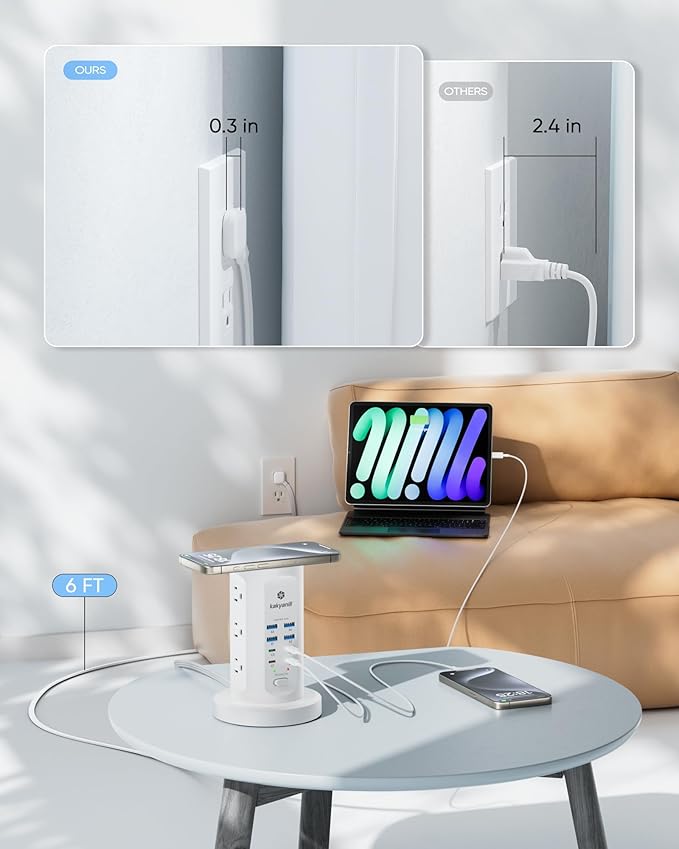 115W USB Charging Station, Surge Protector Power Strip Tower, 9 AC Outlets with 8 USB Ports(4 USB-C), 6Ft Flat Plug Retractable Extension Cord, for Home Office Dorm, White