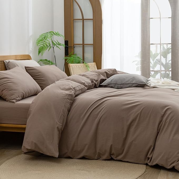 BESTOUCH Duvet Cover Set 100% Washed Cotton Linen Feel Super Soft Comfortable Chic Lightweight 3 PCs Home Bedding Set Solid Pine Bark Brown Full/Double