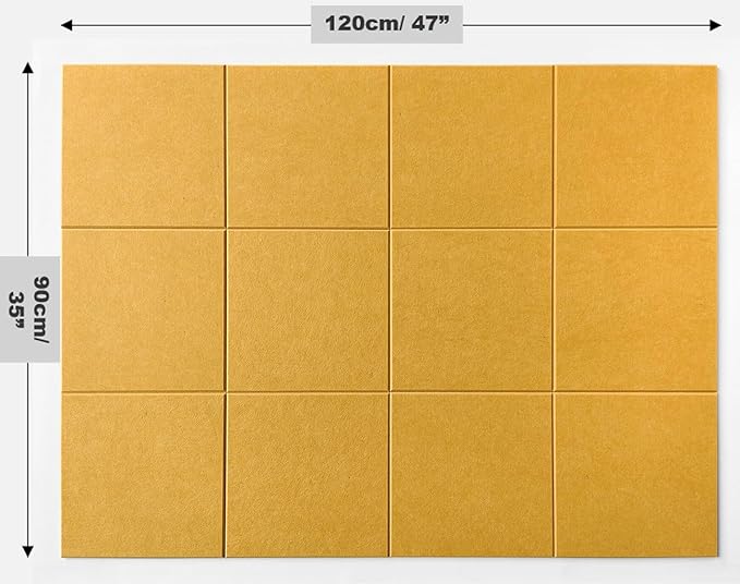 Felt Wall Tiles | Large Cork Board Alternative | Aesthetic Felt Bulletin Board for Office, Home & Classroom | Large Cork Boards for Walls Pinboard (12-Pack) | Mustard