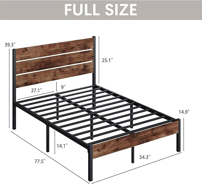 Full Bed Frame with Headboard and Footboard, Metal Full Bed Frame with Under Bed Storage, All-Metal Support System, No Box Spring Needed, Easy Assembly,Rustic Brown