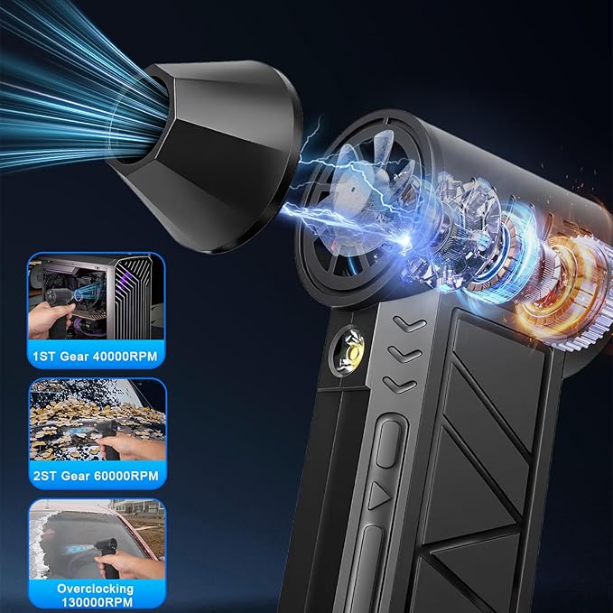 4-in-1 Compressed Air Duster with Light, Handheld Car Vacuum/Air Blower/Pump/Inflate 130000RPM Adjustable Electric Vacuum Cleaner for Computer Keyboard Car Home(Black)