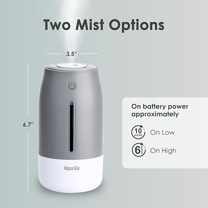 Aqua Glo Personal, Portable Humidifiers for Bedroom – Ultrasonic Cool Mist Humidifier with Built In Rechargeable Battery. Air Humidifier for Baby, Plants, Home, Office, Travel. Gray