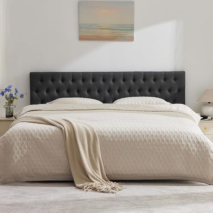 Kingfun Tufted Upholstered Twin Size Bed Headboard in Modern Button Design, Adjustable Solid Wood Head Board, Premium Linen Fabric Padded Headboards in Bedroom (Dark Grey)