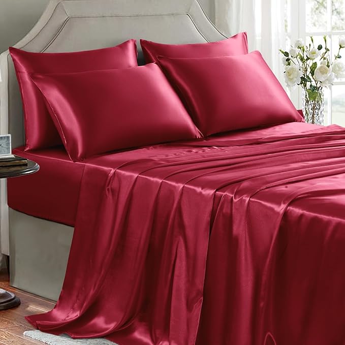 Satin Sheets Queen Size - 6 Pieces Luxury Silky Soft Bed Sheets, Wrinkle-Free Burgundy Satin Silk Sheet Set with 1 Deep Pocket Fitted Sheet, 1 Flat Sheet, 4 Pillow Cases