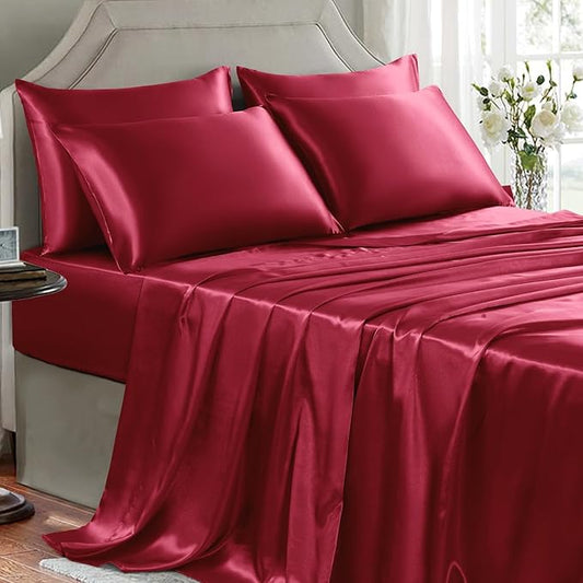 Satin Sheets Queen Size - 6 Pieces Luxury Silky Soft Bed Sheets, Wrinkle-Free Burgundy Satin Silk Sheet Set with 1 Deep Pocket Fitted Sheet, 1 Flat Sheet, 4 Pillow Cases