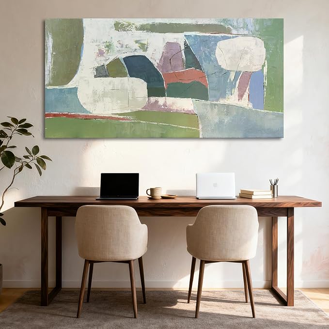 YETHEN WAL Sage Green Abstract Wall Art – 24×48 Large Minimalist Canvas Print, Neutral Olive & Blue Textured Artwork for Living Room or Bedroom Wall Decor