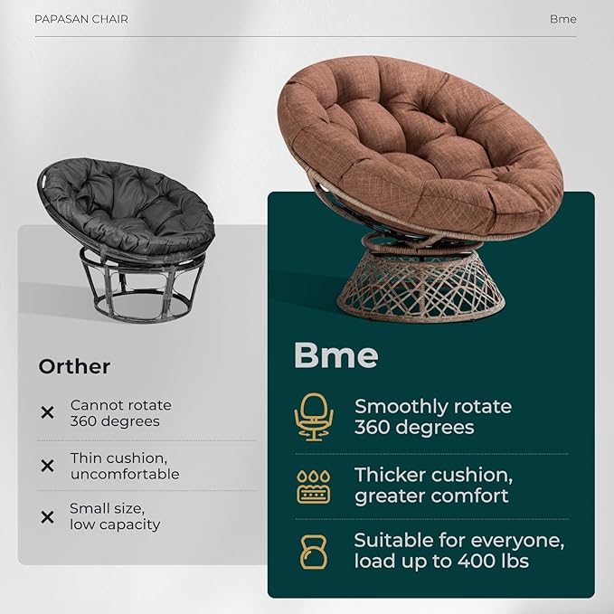 Bme 40" Ergonomic Wicker Papasan Chair with Soft Thick Density Fabric Cushion, High Capacity Steel Frame, 360 Degree Swivel for Living, Bedroom, Reading Room, Lounge, Cinnamon Mocha - Brown Base