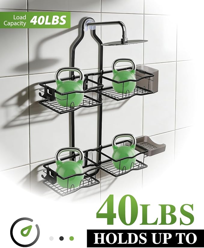 Shower Caddy Hanging, Rustproof Shower Organizer Over Showerhead with Hooks for Razor & Sponge, Bathroom Storage Rack with Soap Holder for Shampoo