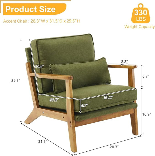 Karl home Accent Chair Wide Armrest Mid-Century Lounge Chair Linen Fabric Armchair with Lumbar Pillow & Solid Wood Frame for Living Room, Bedroom, Balcony, Green