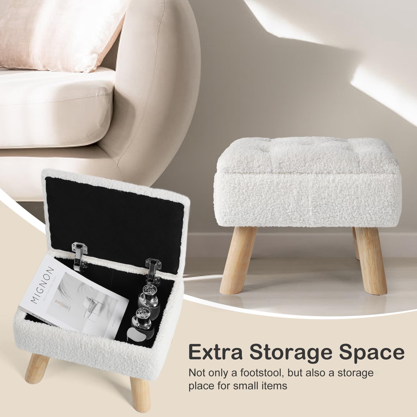 OGEMXU Storage Ottoman, Small Foot Stool Ottoman with Storage, Boucle Teddy Velvet Foot Rest with Padded Seat, Sturdy Wood Legs Stool for Living Room, Bedroom, Couch, Enterway (Cream) Dormly