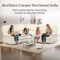 Manual Reclining Sectional Sofa Set, 5 Seats Soft Leather Recliner Corner Sectional Couch, Family-Sized L-Shaped Recliner Couch with USB Charging, Thickened Padding, Sturdy Frame, White