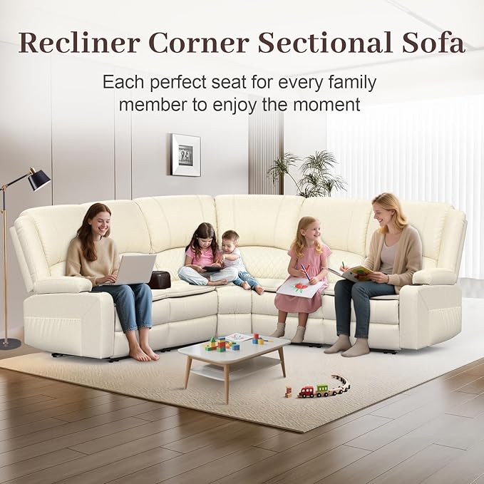 Manual Reclining Sectional Sofa Set, 5 Seats Soft Leather Recliner Corner Sectional Couch, Family-Sized L-Shaped Recliner Couch with USB Charging, Thickened Padding, Sturdy Frame, White