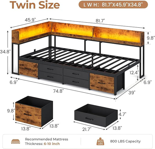 VIAGDO Corner Bed Frame with Storage Bookcase Headboard and 6 Drawers, Twin Metal Platform Corner Bed Frame with LED Lights and Charging Station, Twin Daybed for Kids Teenagers, Rustic Brown & Black
