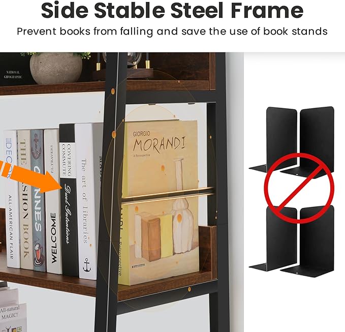 Himimi Ladder Bookshelf, 5 Shelf Bookcase Industrial Bookshelf Wood and Metal Bookshelves, Plant Flower Stand Rack Book Storage Shelves for Living Room, Bedroom, Home Office (2 PCS)